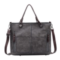 Dark gray faux leather tote bag with brown handles and detachable shoulder strap - Gray