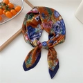 Floral silk scarf in caramel with blue and pink flowers and deep blue borders - Orange Peony Floral