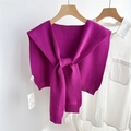 Detail of deep purple knitted shawl with front tie design on a white shirt - Dark Purple (06D)