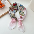 Floral silk satin square scarf with white base, pink borders and colorful flower print - Pink Border Fresh Flower