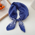Elegant navy blue silk scarf with white check pattern and floral border in a knotted style - Blue Dotted Flower