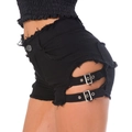 Pantaloncini di jeans neri sexy con ritagli laterali e doppie cinghie con fibbia in metallo - S / Nero