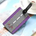 Cartoon airplane luggage tag with purple runway design and adjustable black strap - Purple Runway