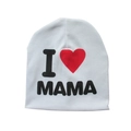White baby knitted beanie featuring a black I Love Mama print with red heart detail - I Love Mom / White