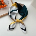 Elegant geometric color-block silk-like square scarf in mustard yellow and dark green tones - Green Yellow Geometric Strip