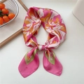 Floral print silk scarf in pink and orange with green trim and smooth finish - Mallow Flower Pink Border