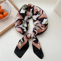 Floral satin silk scarf in peach pink and black abstract print styled as a neckerchief - Mallow Flower Black Border