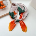 Floral satin silk scarf with orange camellia print and elegant contrasting border - Green Orange Multi-Petal Flower