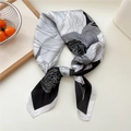 Elegant square silk scarf featuring black and white camellia floral print on satin fabric - Black Multi-Petal Flower