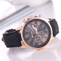 Detail of rose gold case and black leather strap on a men's business quartz watch - Black