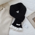Detail of black knit scarf featuring intricate white lace embroidery and brand label - 9*155cm / Black
