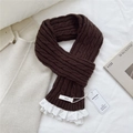 Detail of dark brown cable knit scarf with white lace trim and chic brand label styling - 9*155cm / Brown