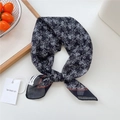 Vintage black cotton linen square scarf with white scroll pattern and brown piping - 55*55CM / Black Paisley Scroll