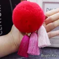 Close-up van een rode harige pompon sleutelhanger met gekleurde kwastjes in de hand. - 8cm / Rood