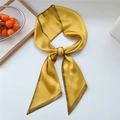 Elegant yellow silk twilly scarf with brown borders styled in a decorative knot - 02YC-Solid Yellow with Border