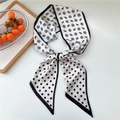 Black and white paisley polka dot skinny silk scarf with elegant knotted styling - Beige Paisley Polka Dot