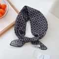 Navy blue geometric floral silk scarf square for women with red accents on white surface - Grid Floral Black
