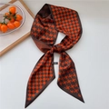 Slim silk scarf with paisley and checkerboard patterns in bright orange and brown - Orange Red Houndstooth Paisley