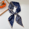 Navy blue and beige paisley print skinny silk scarf with multi-pattern patchwork design - Blue Houndstooth Paisley