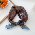 Brown and blue paisley print narrow silk scarf tied in a bow for women - Cotton Feather Paisley Brown