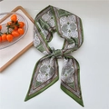 Elegant dark green skinny silk scarf with retro geometric tree and floral patterns - Tree Pattern Green