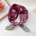Elegant wine red square silk scarf with pink floral pattern and green border - 67x67cm / 08D Star Fruit Red