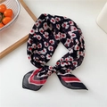 Floral print black silk scarf with white petal patterns and red striped border - Style 06D Black Floral Silk