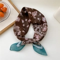 Elegant vintage brown silk scarf with pink floral print and blue geometric border - 67x67cm / 10D Star Fruit Brown