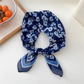 Elegant navy blue floral silk-like square scarf with vintage white flower patterns - Style 09D Navy Floral Silk
