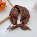 Deep brown cotton-linen feel square scarf with green polka dots and brand tag - Pebble Pattern Brown