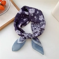 Elegant purple and blue floral silk square scarf with geometric border on white background - 67x67cm / 12D Star Fruit Purple