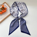 Slim silk-feel twilly scarf with blue paisley pattern and geometric prints - Flower Paisley Navy Blue