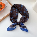 Floral silk scarf in dark brown with blue flowers and contrast striped border - Style 12D Layered Flower Brown