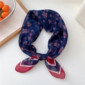 Navy floral square silk scarf with pink petal pattern and contrast red borders - Style 14D Layered Flower Navy