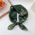 Deep green floral silk scarf with pink and blue blossoms tied in an elegant bow knot - Style 17D Green Leaf Pearl Flower Green