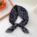 Elegant black paisley square scarf with delicate white floral patterns and beige piping - 67x67cm / 20D Six Petal Paisley Black