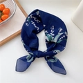 Dark blue floral silk scarf with white lily of the valley print in a knotted style - Style 19D Green Leaf Pearl Flower Navy