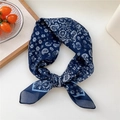 Navy blue square scarf with white paisley pattern and floral prints tied in a knot - 67x67cm / 21D Six Petal Paisley Navy