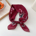 Elegant wine red floral silk scarf with white lily of the valley print tied in a bow - Style 20D Green Leaf Pearl Flower Red