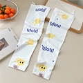 Detail of white cooling sleeves with purple lettering and yellow flower patterns - WOW Yellow (09 Pink Label)