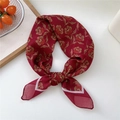 Deep red square silk scarf with yellow vintage floral print tied in a bow style - 67x67cm / 26D Honeysuckle Red