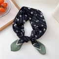 Navy blue floral square scarf with olive green panels in a stylish ring-knot style - 67x67cm / 27D Small Cotton Strip