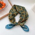 Mustard yellow floral silk scarf with teal leaf patterns and geometric borders - Style 27D Green Leaf