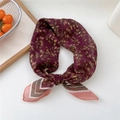 Floral silk square scarf in deep wine red featuring green leaves and geometric stripes - Style 28D Golden Leaf
