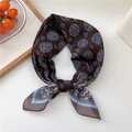 Deep coffee silk-like square scarf with light blue and white mandala patterns - 67x67cm / 29D Round Floral Pattern Frame Brown