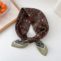 Elegant dark brown floral silk scarf with green leaf patterns tied in a bow - Style 29D Green Leaf
