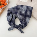 Detail of floral plaid cotton linen scarf with elegant navy blue print and clean stitching - Navy Blue Plaid Floral