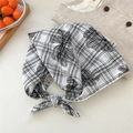 Detail of floral printed checkered cotton linen bandana with elegant knot design - Milky White Plaid Floral