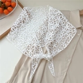 Detailed close-up of white floral lace triangle scarf featuring intricate hollow embroidery - Five-Leaf / White