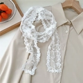 Close-up of white lace scarf featuring floral embroidery and artistic text on mesh - Flat Edge Lace / 130cmx6cm / Five-Petal Flower White